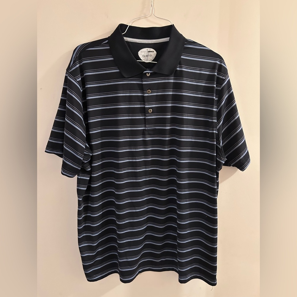 Men's Grand Slam XXL Blue Striped Slim Fit Polo Golf Shirt 3 Button Collared